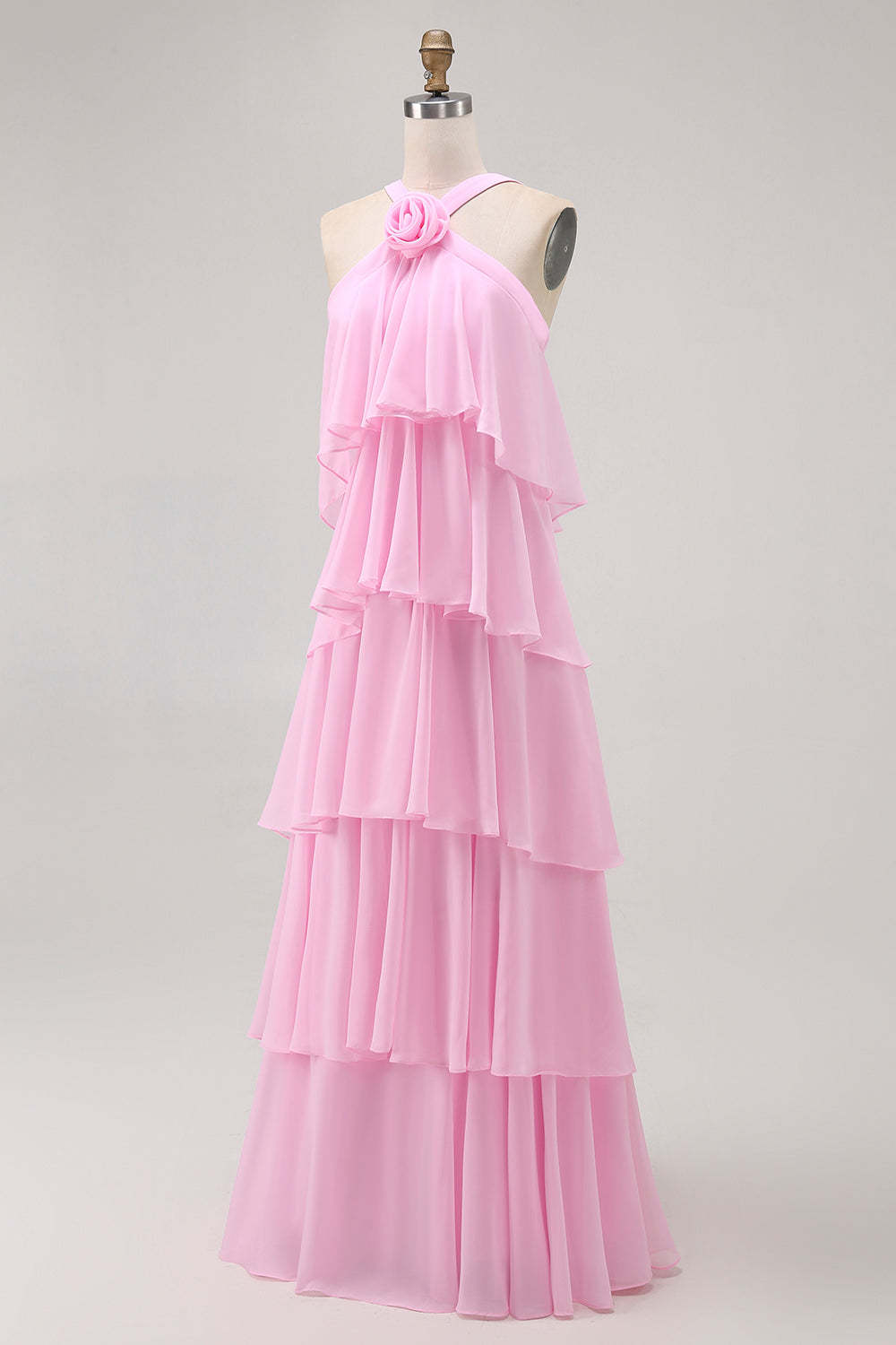 Candy Pink A Line Tiered Halter Long Wedding Guest Dress
