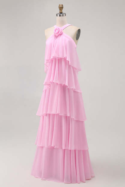 Candy Pink A Line Tiered Halter Long Wedding Guest Dress