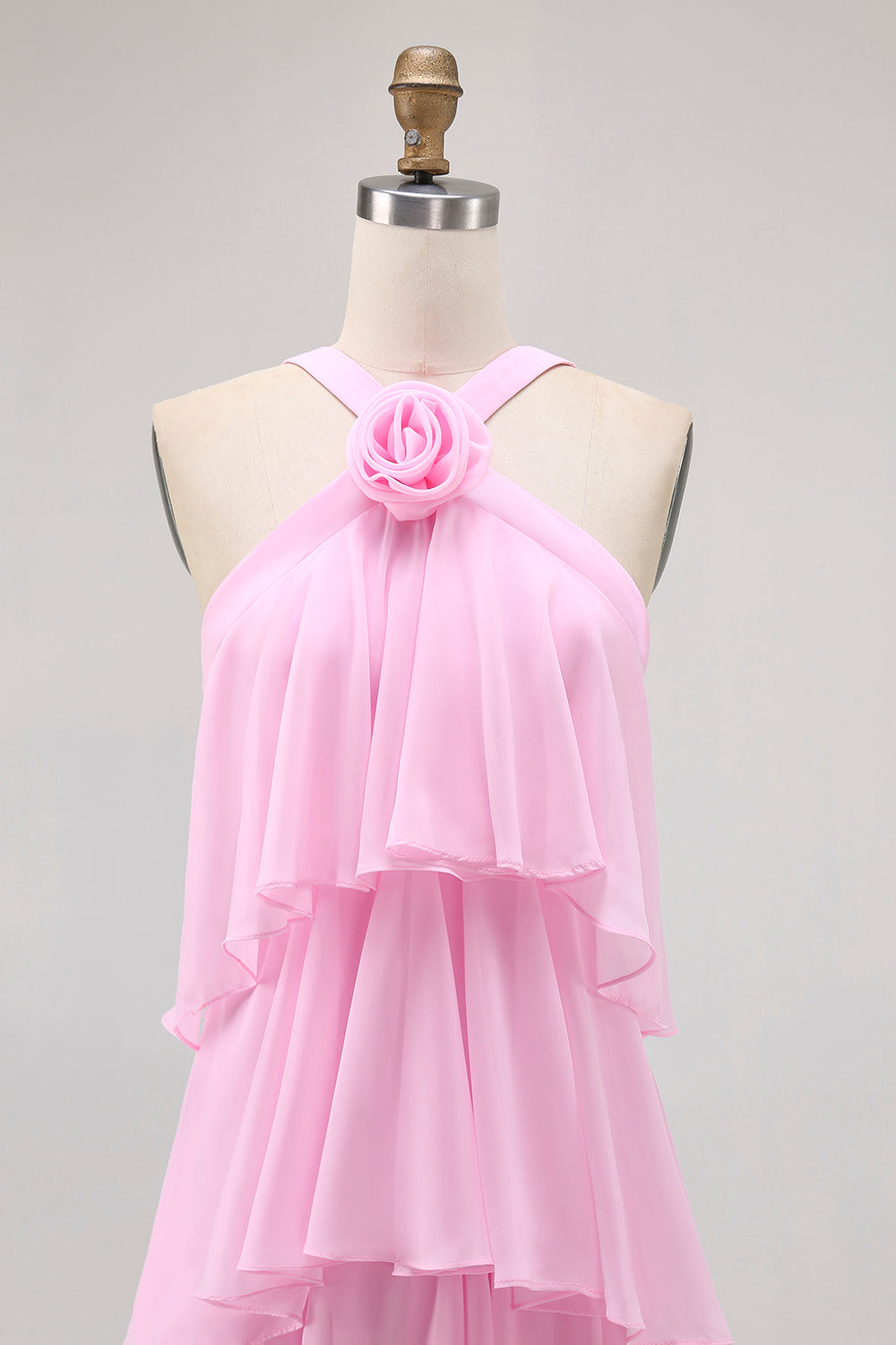 Candy Pink A Line Tiered Halter Long Wedding Guest Dress