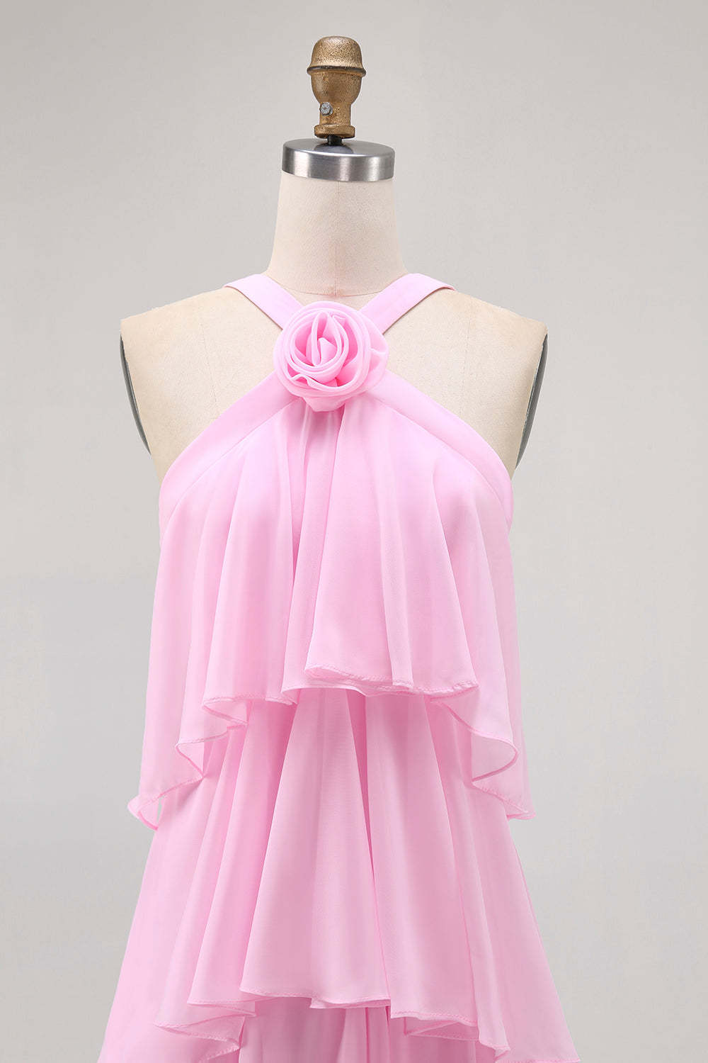 Candy Pink A Line Tiered Halter Long Wedding Guest Dress