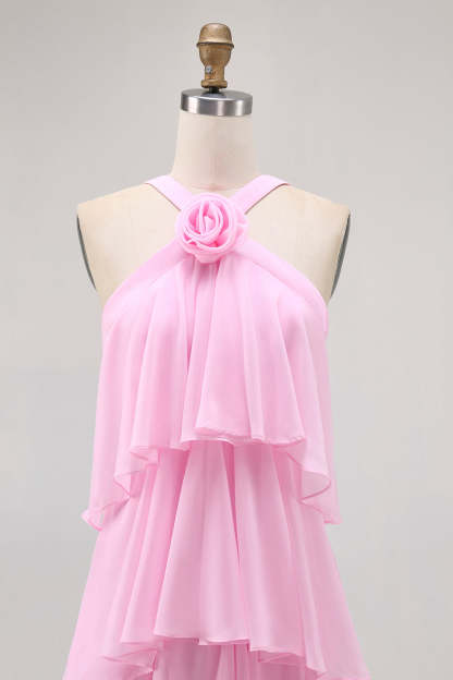 Candy Pink A Line Tiered Halter Long Wedding Guest Dress