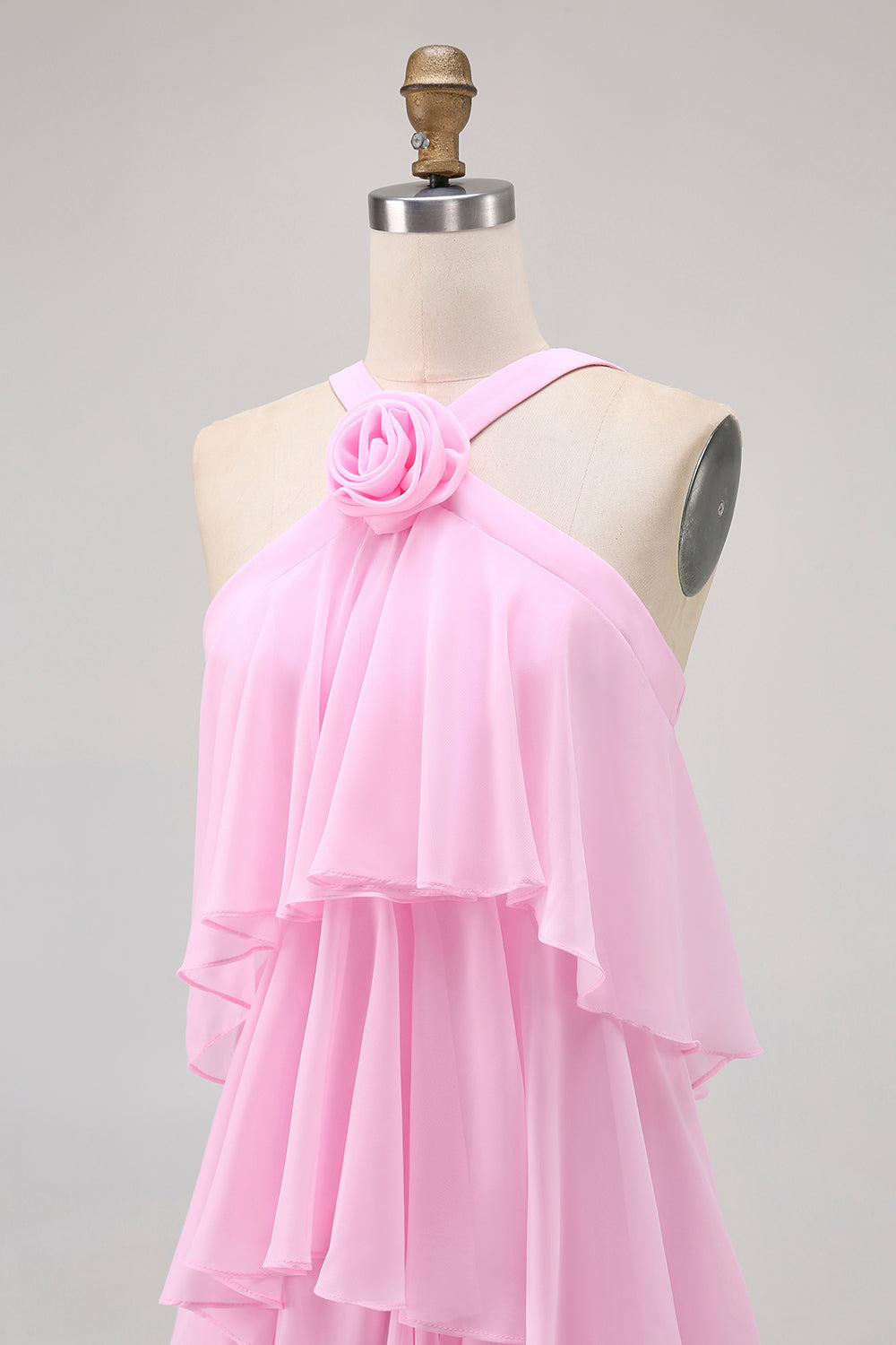 Candy Pink A Line Tiered Halter Long Wedding Guest Dress