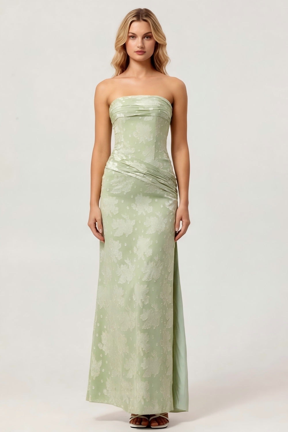 Sage Green Sheath Floral Maxi Wedding Guest Dress with Slit