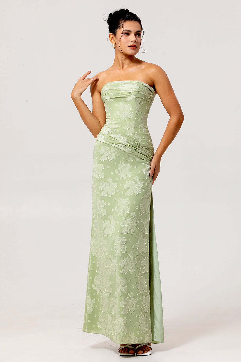 Sage Green Sheath Floral Maxi Wedding Guest Dress with Slit