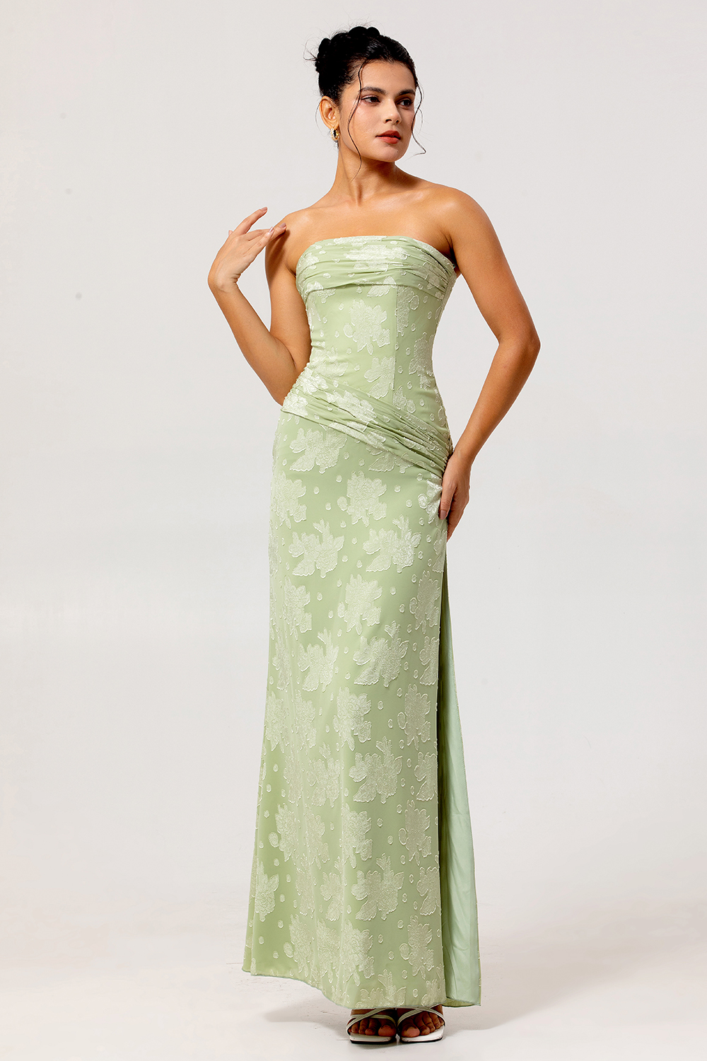 Sage Green Sheath Strapless Maxi Floral Wedding Guest Dress with Slit
