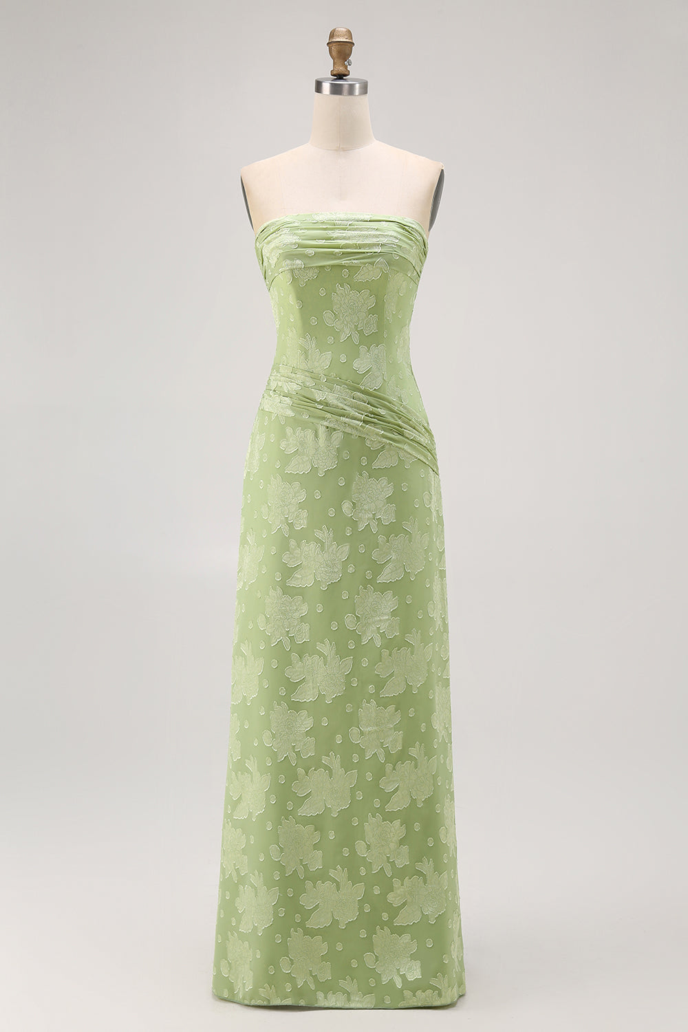 Sage Green Sheath Strapless Maxi Floral Wedding Guest Dress with Slit