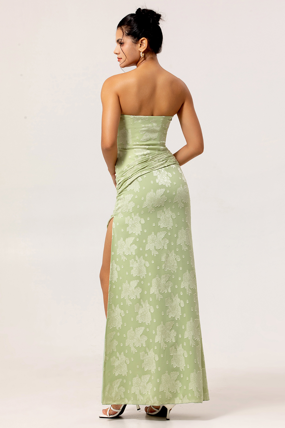 Sage Green Sheath Strapless Maxi Floral Wedding Guest Dress with Slit