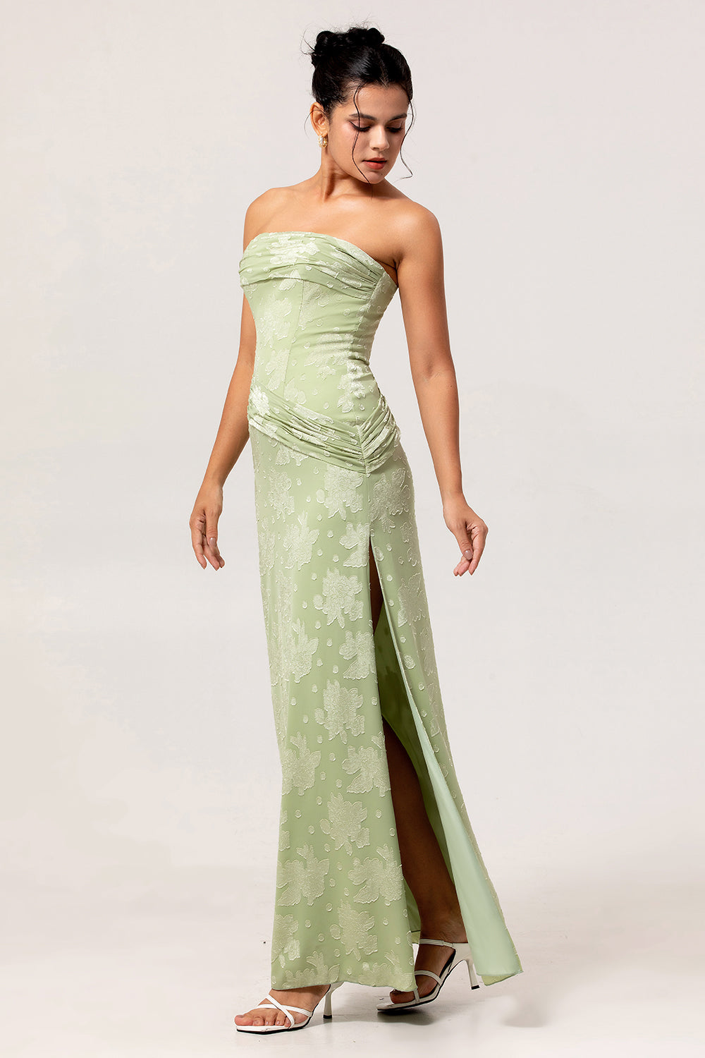 Sage Green Sheath Floral Maxi Wedding Guest Dress with Slit