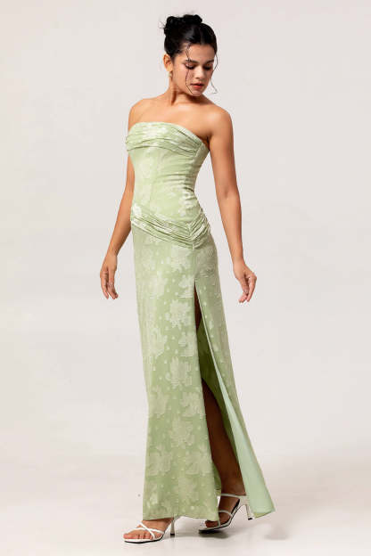 Sage Green Sheath Floral Maxi Wedding Guest Dress with Slit