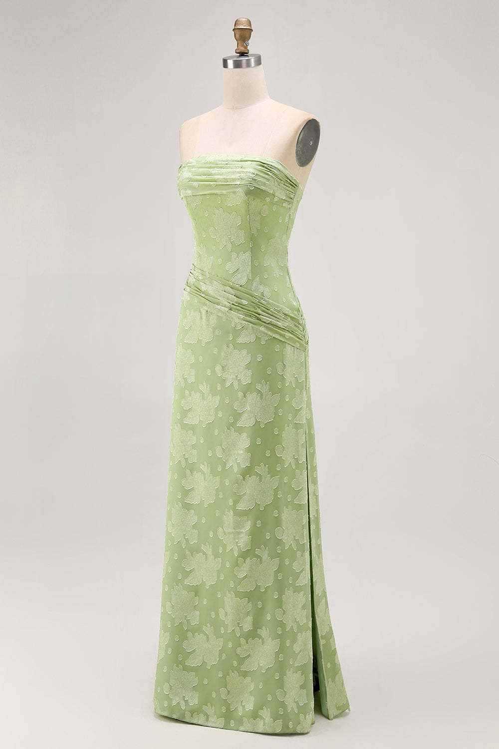 Sage Green Sheath Strapless Maxi Floral Wedding Guest Dress with Slit