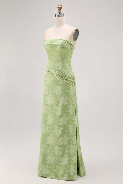 Sage Green Sheath Strapless Maxi Floral Wedding Guest Dress with Slit