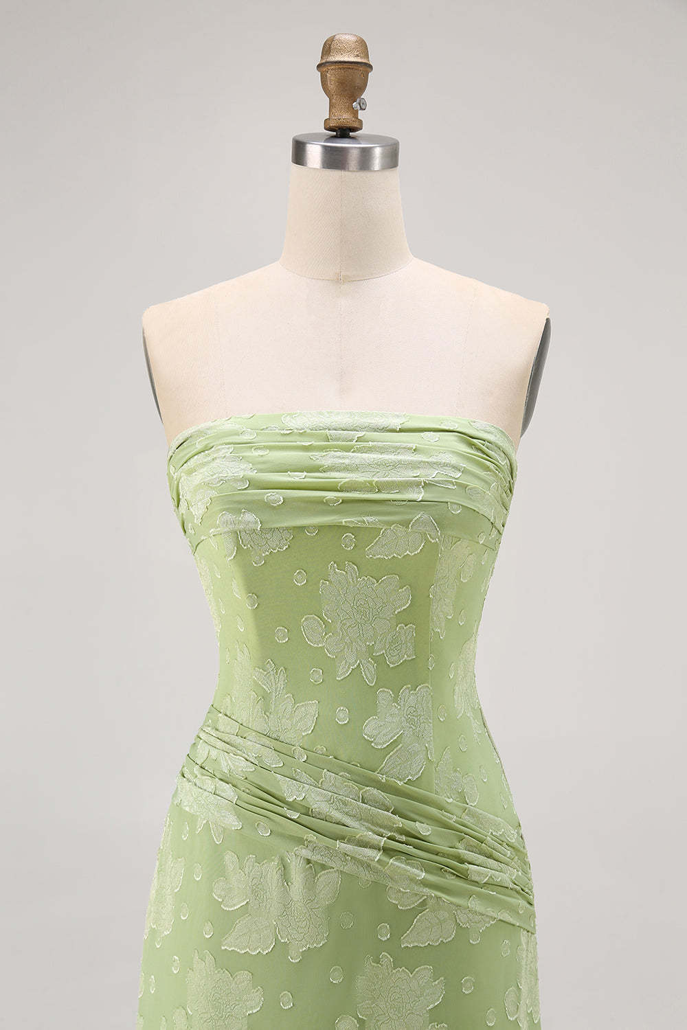 Sage Green Sheath Strapless Maxi Floral Wedding Guest Dress with Slit