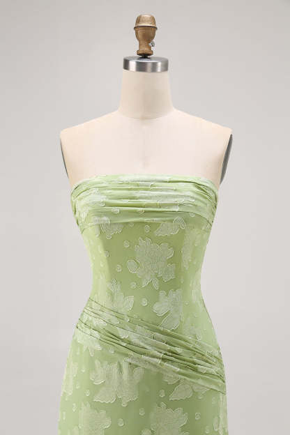 Sage Green Sheath Strapless Maxi Floral Wedding Guest Dress with Slit