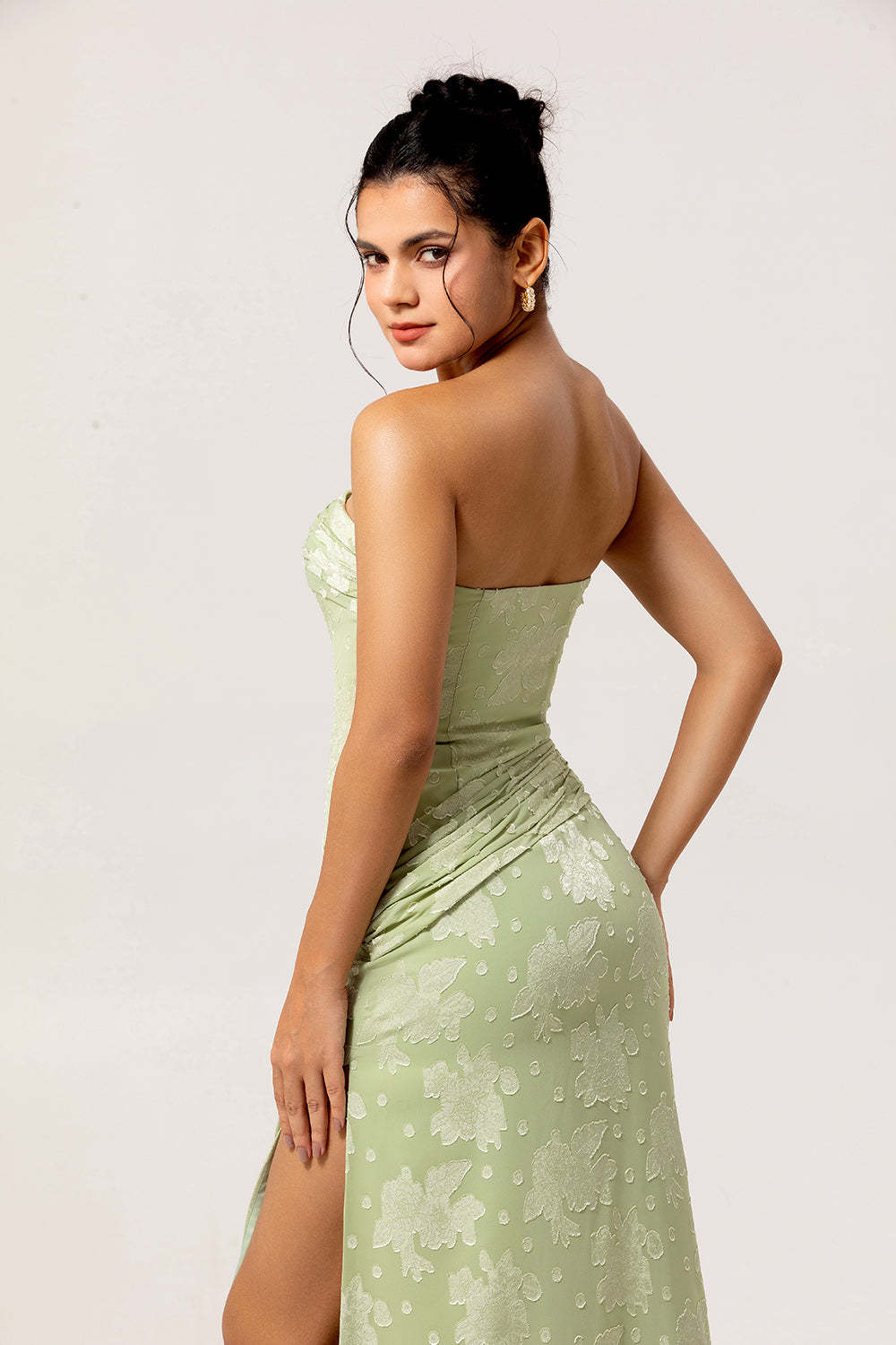 Sage Green Sheath Floral Maxi Wedding Guest Dress with Slit