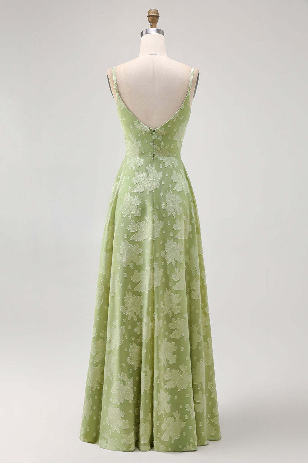 Sage Green Floral A Line Spaghetti Straps Maxi Wedding Guest Dress