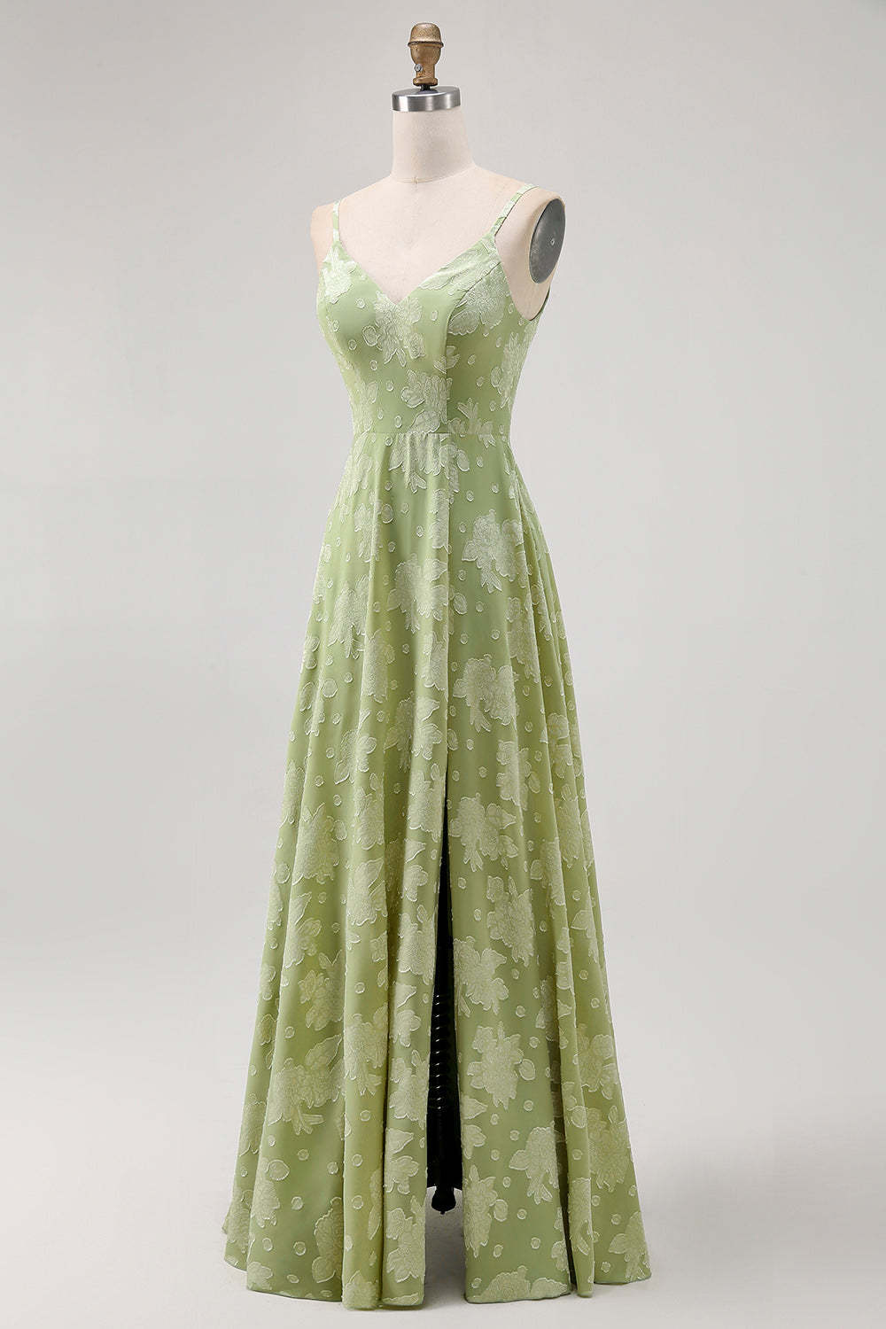Sage Green Floral A Line Spaghetti Straps Maxi Wedding Guest Dress