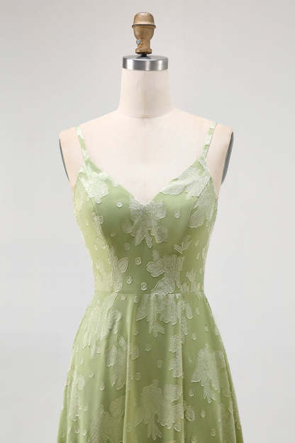 Sage Green Floral A Line Spaghetti Straps Maxi Wedding Guest Dress