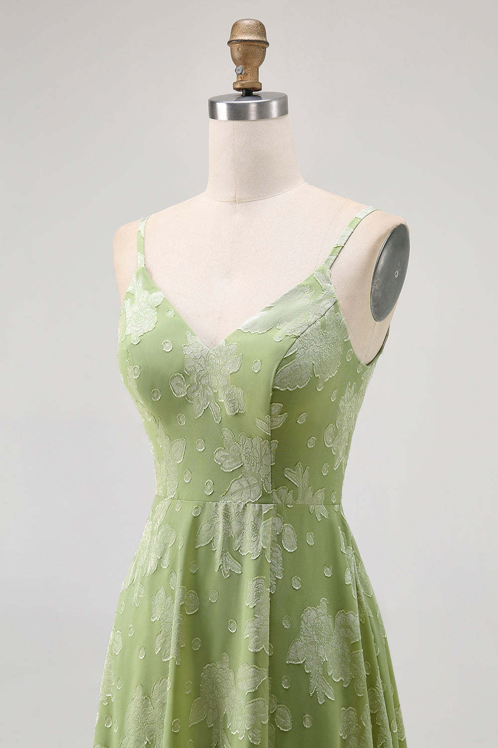Sage Green Floral A Line Spaghetti Straps Maxi Wedding Guest Dress