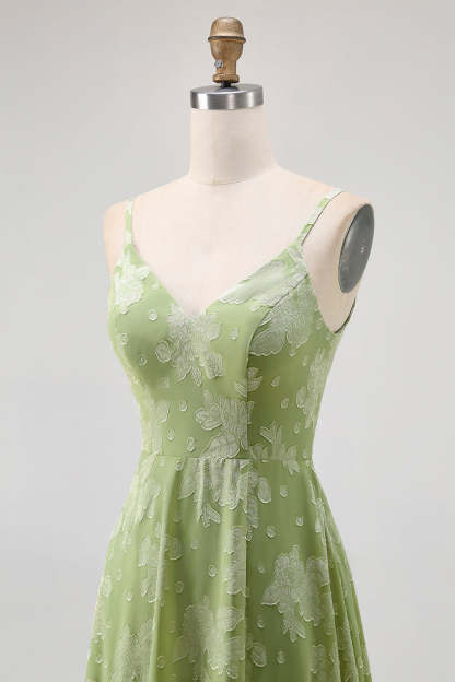 Sage Green Floral A Line Spaghetti Straps Maxi Wedding Guest Dress