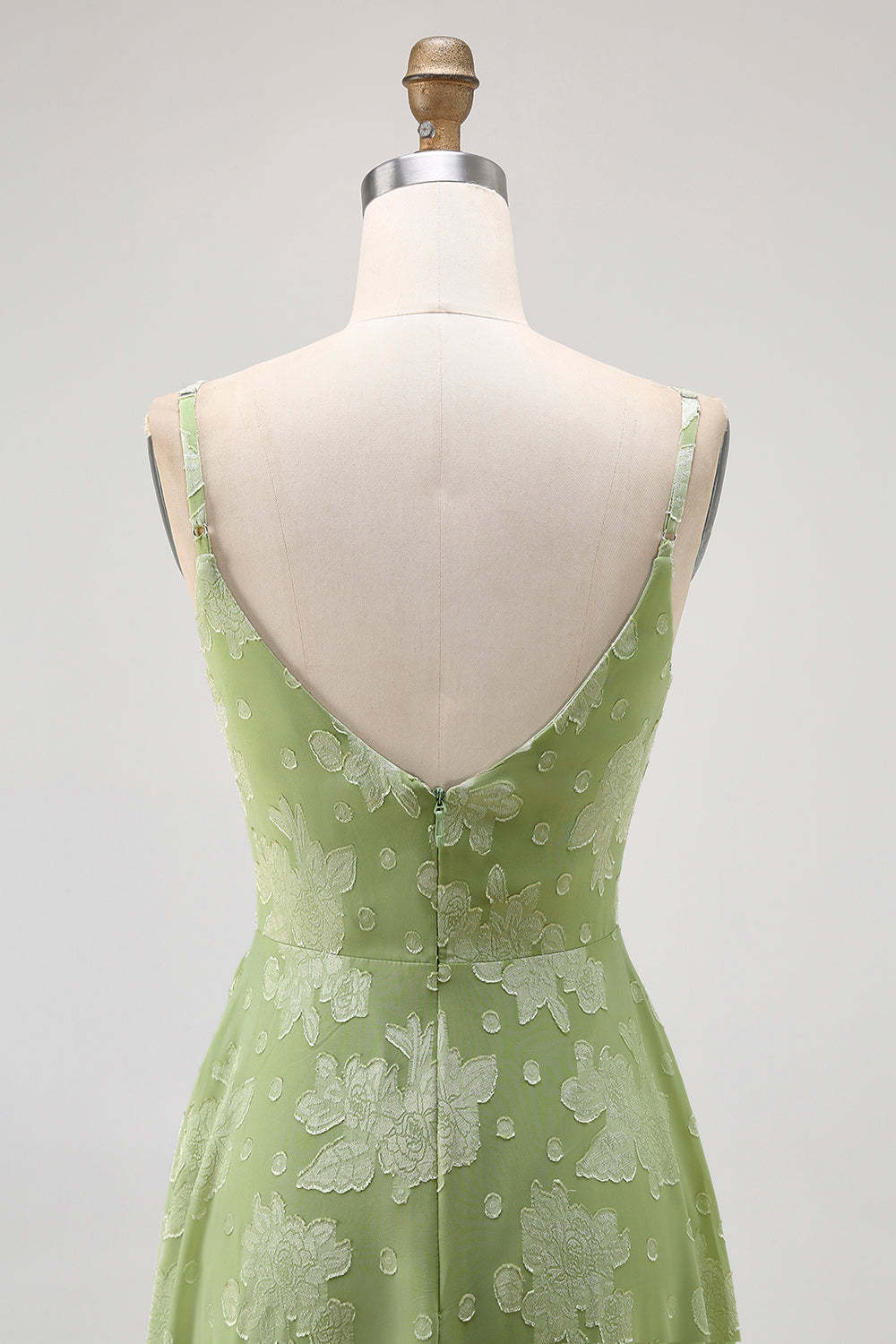 Sage Green Floral A Line Spaghetti Straps Maxi Wedding Guest Dress