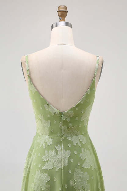 Sage Green Floral A Line Spaghetti Straps Maxi Wedding Guest Dress