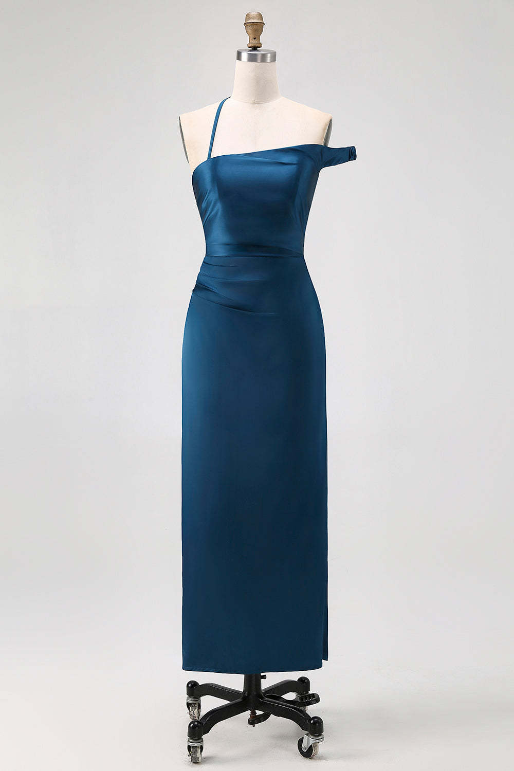 Leely Women Ink Blue Sheath Long Satin Bridesmaid Dress One Shoulder Wedding Guest Dress
