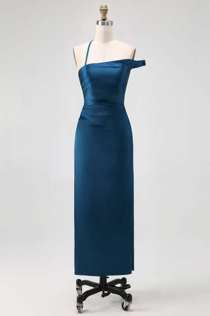 Leely Women Ink Blue Sheath Long Satin Bridesmaid Dress One Shoulder Wedding Guest Dress
