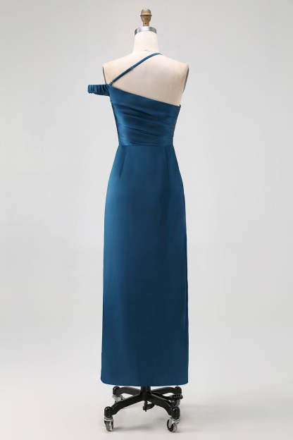 Ink Blue Satin One Shoulder Sheath Long Bridesmaid Dress