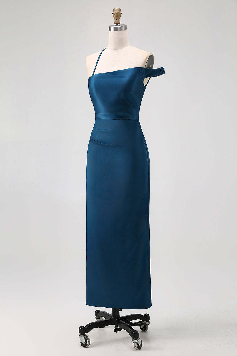 Ink Blue Satin One Shoulder Sheath Long Bridesmaid Dress