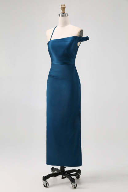Ink Blue Satin One Shoulder Sheath Long Bridesmaid Dress
