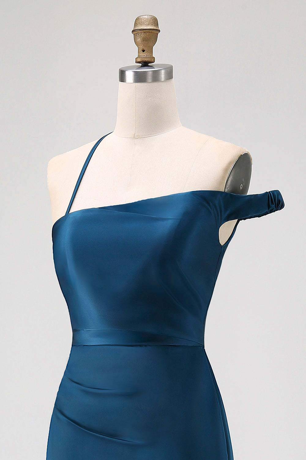 Ink Blue Satin One Shoulder Sheath Long Bridesmaid Dress