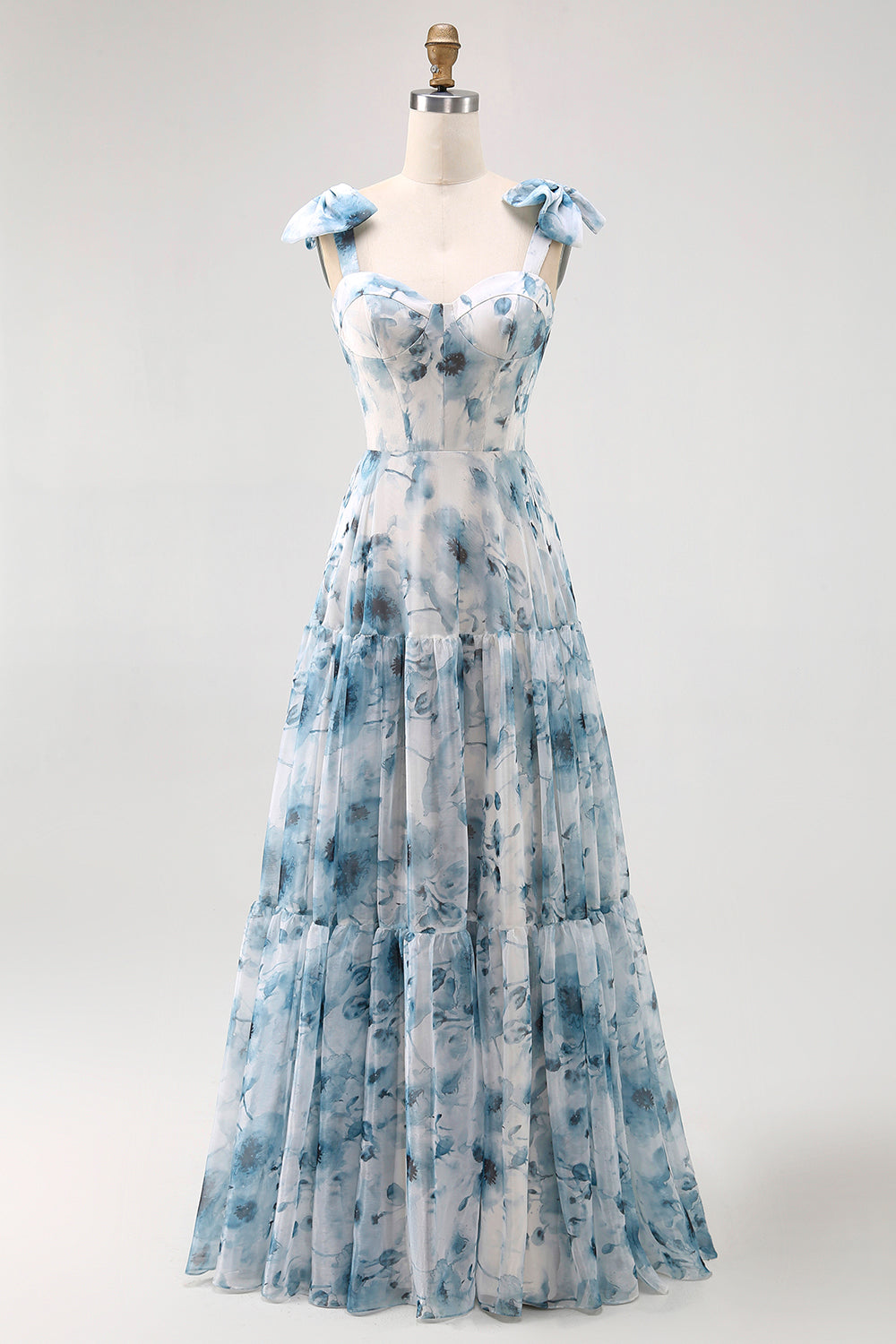 Blue Chiffon A Line Floral Long Bridesmaid Dress with Bows