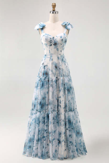 Leely Women Blue Floral Chiffon Long Bridesmaid Dress A Line Spaghetti Straps Lace Up Back Wedding Guest Dress with Bows