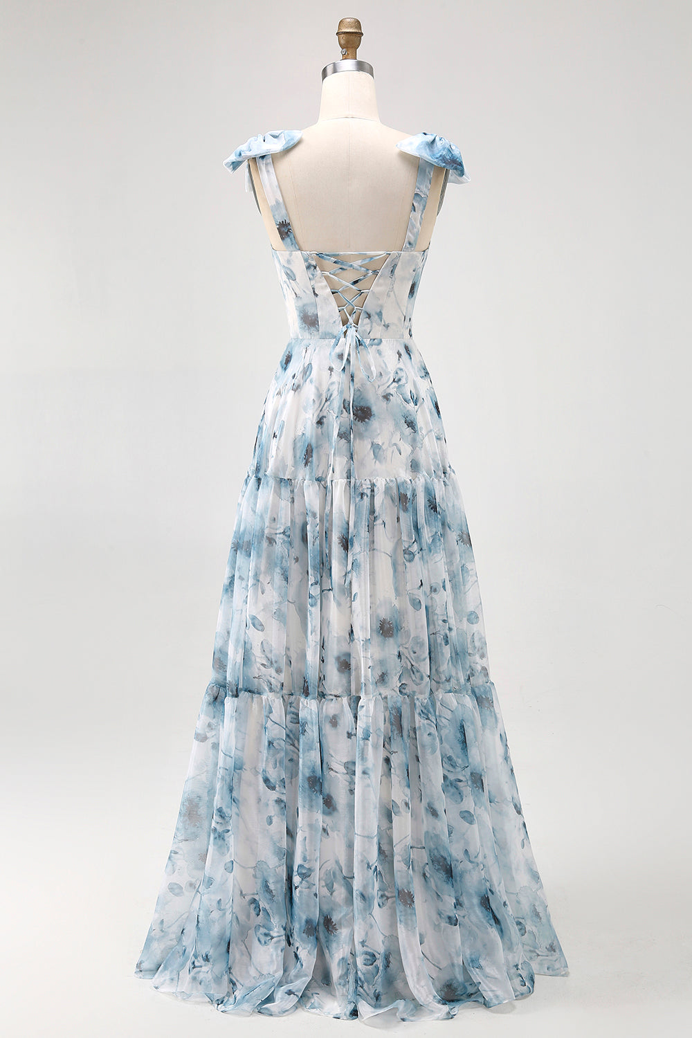 Blue Chiffon A Line Floral Long Bridesmaid Dress with Bows
