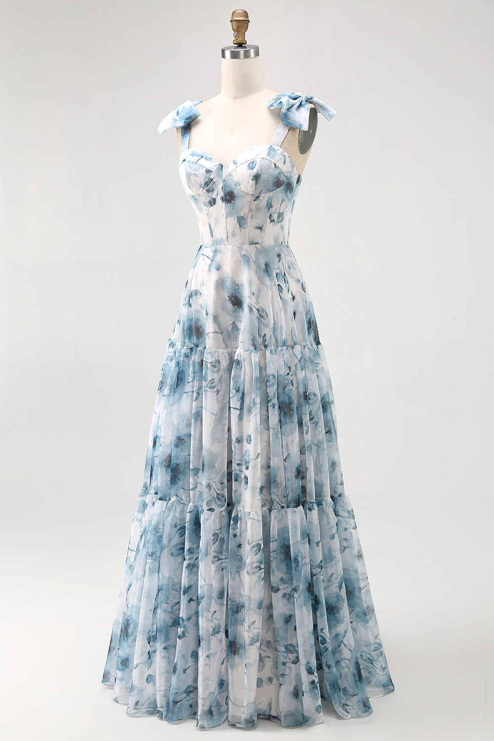 Blue Chiffon A Line Floral Long Bridesmaid Dress with Bows