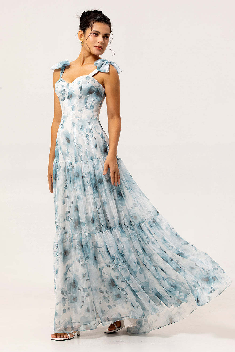 Blue Chiffon A Line Floral Long Bridesmaid Dress