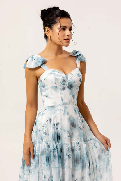 Blue Chiffon A Line Floral Long Bridesmaid Dress