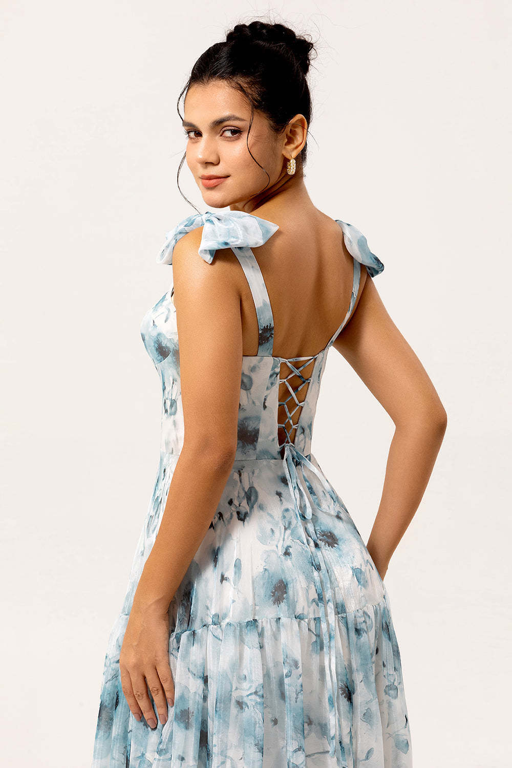 Blue Chiffon A Line Floral Long Bridesmaid Dress