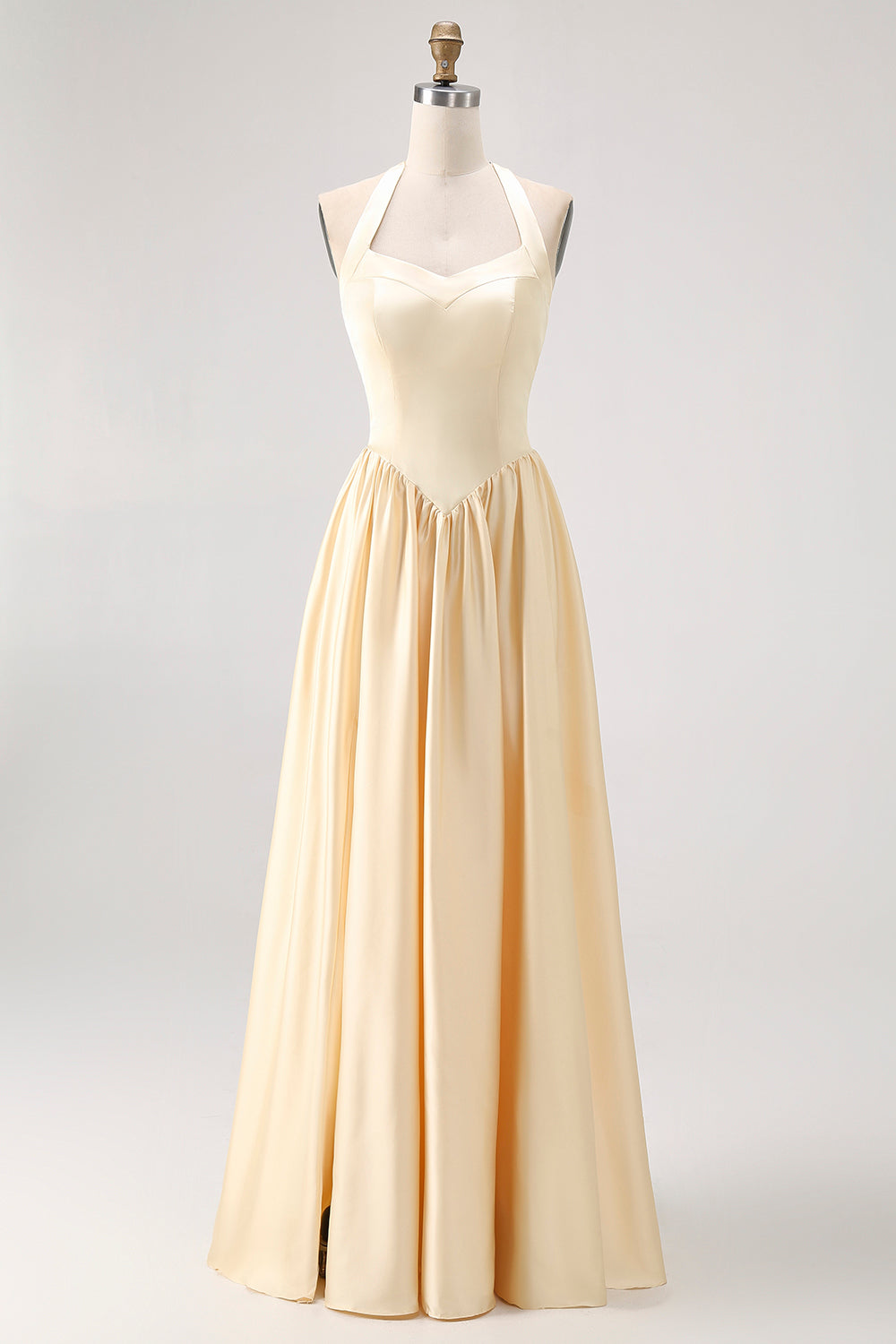 Leely Women Daffodil Satin Halter Long Bridesmaid Dress A Line Lace Up Back Wedding Guest Dress