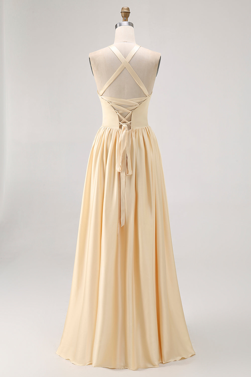 Daffodil Satin A Line Halter Long Bridesmaid Dress
