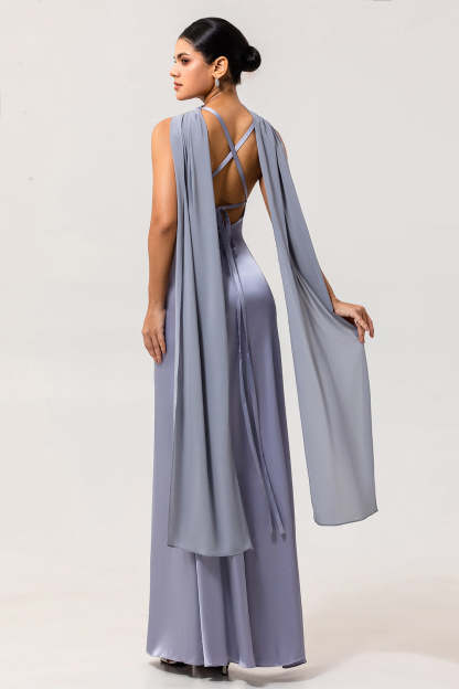 Simple Dusty Blue Satin Sheath Maxi Bridesmaid Dress with Slit