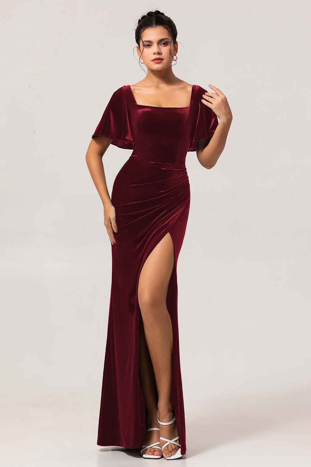 Peacock Green Velvet Square Neck Long Bridesmaid Dress with Sleeves