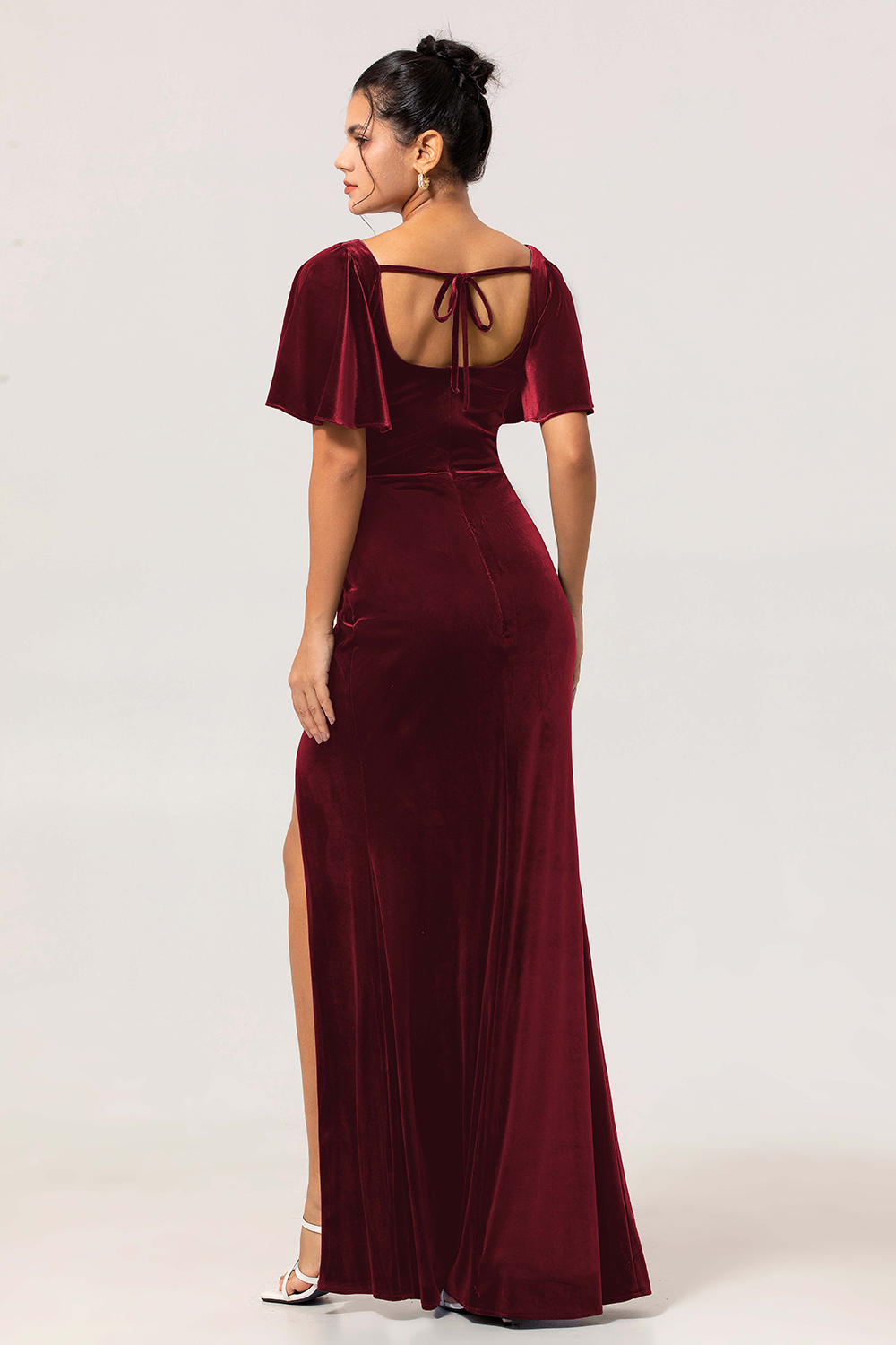 Peacock Green Velvet Square Neck Long Bridesmaid Dress with Sleeves