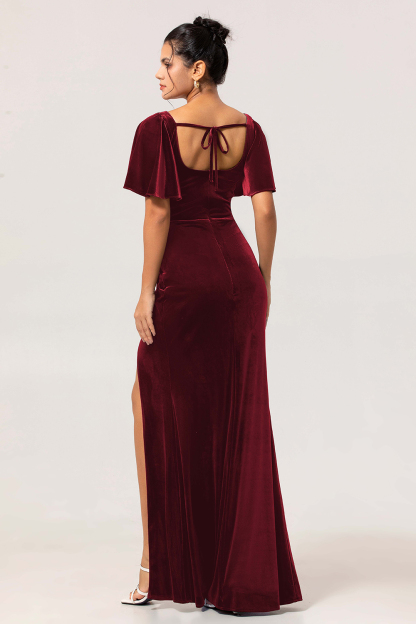 Peacock Green Velvet Square Neck Long Bridesmaid Dress with Sleeves