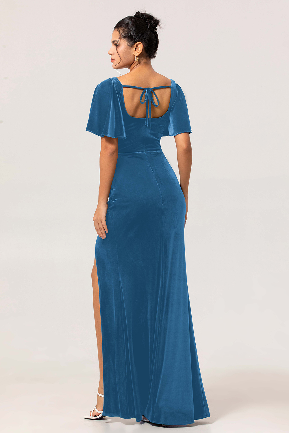 Peacock Green Velvet Square Neck Long Bridesmaid Dress with Sleeves