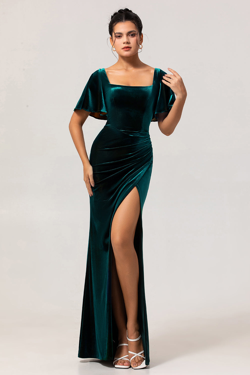 Peacock Green Velvet Square Neck Long Bridesmaid Dress with Sleeves