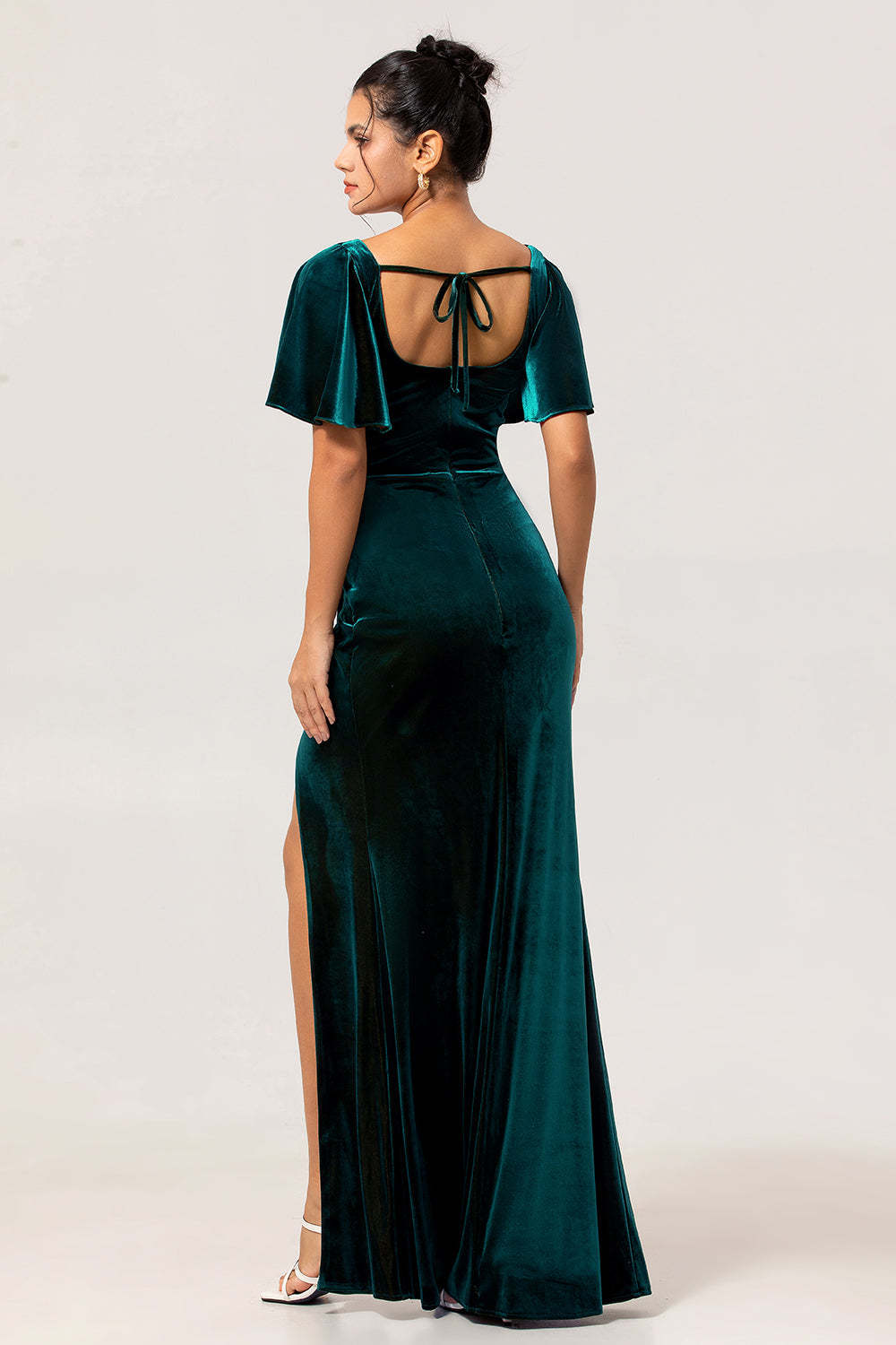 Peacock Green Velvet Square Neck Long Bridesmaid Dress with Sleeves