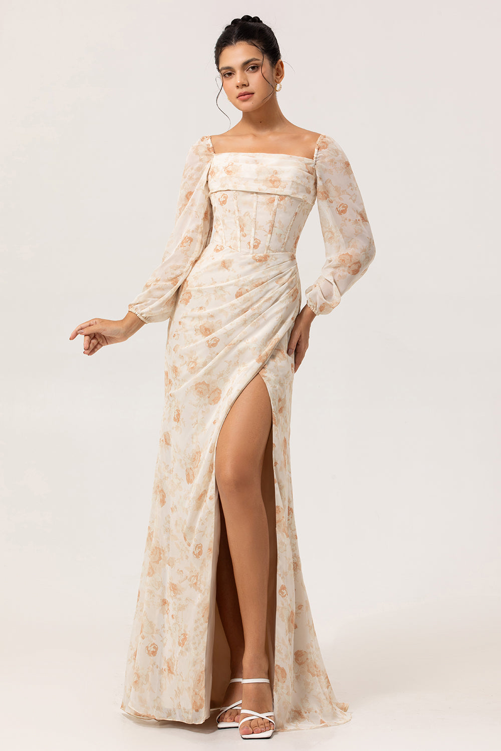 Yellow Floral Corset Long Sleeves Bridesmaid Dress with Slit