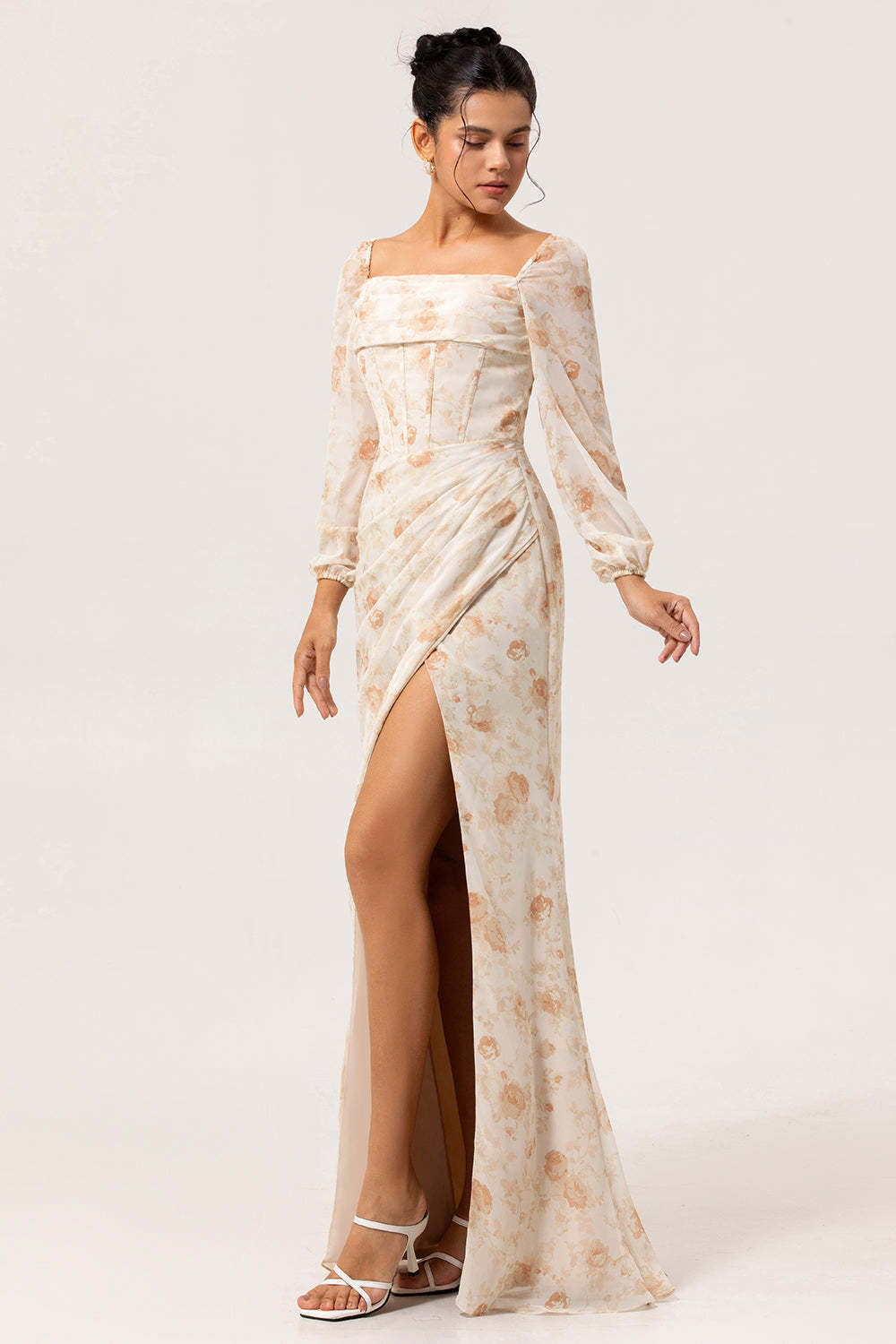 Yellow Floral Corset Long Sleeves Bridesmaid Dress with Slit