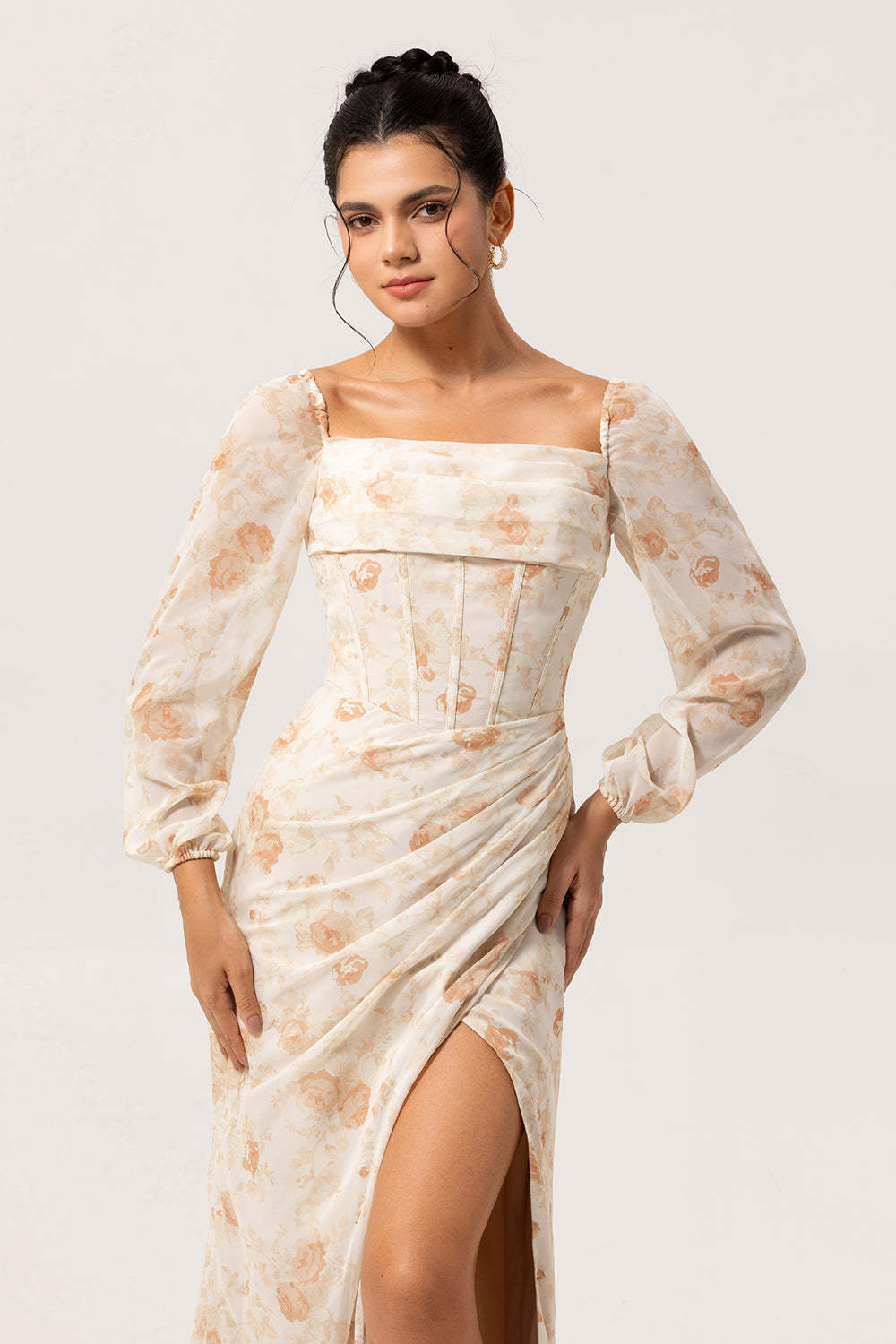 Yellow Floral Corset Long Sleeves Bridesmaid Dress with Slit